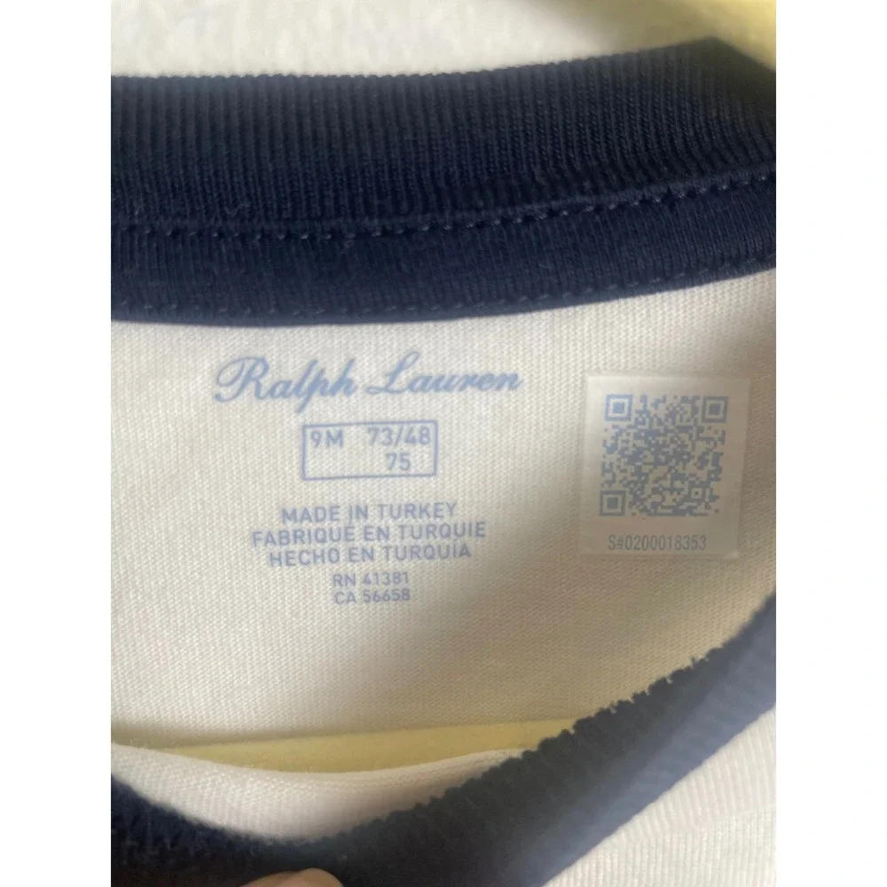 Polo Ralph Lauren Kids White Polo Bear Long Sleeve Graphic Tee 9M Navy Trim